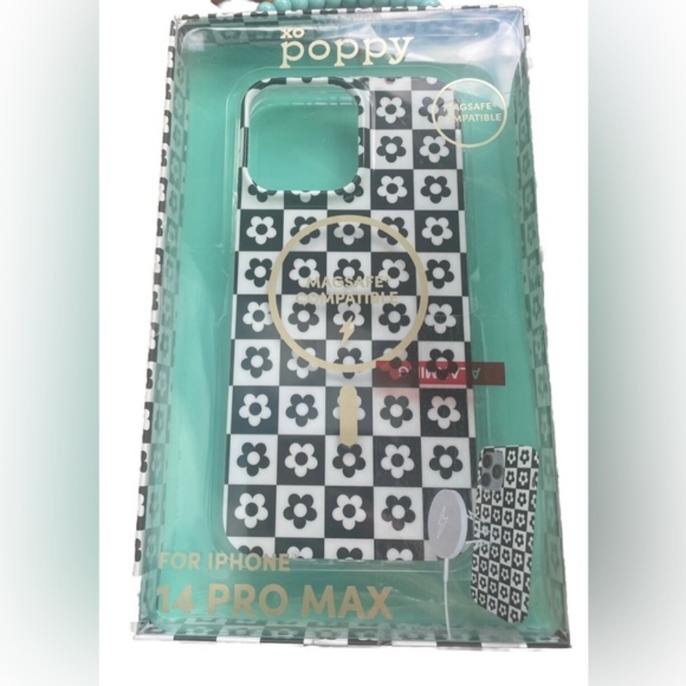 XO Poppy nwt IPhone 14 Pro Max Case MagSafe Black White Checkered Flower Print